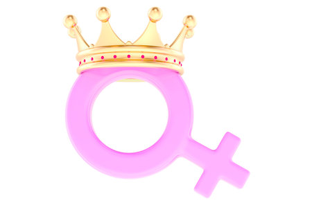 Female gender symbol with golden crown. 3D rendering isolated on white backgroundの写真素材