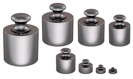 Calibration weights. Scale Weight Set, 3D rendering isolated on white backgroundの写真素材
