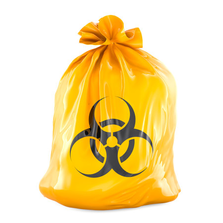 Yellow full garbage bag with bio hazard sign, 3D rendering isolated on white backgroundの写真素材