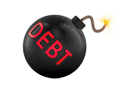 Debt bomb with burning fuse. 3D rendering isolated on white backgroundの写真素材