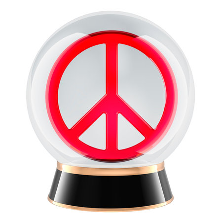Clear Crystal Ball with peace symbol, 3D rendering isolated on white backgroundの写真素材