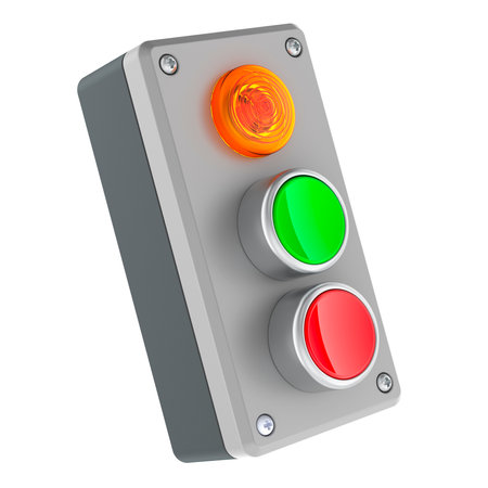 Push button station switch with green start and red stop buttons. 3D rendering isolated on white backgroundの写真素材