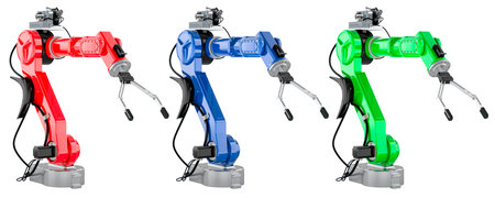 Colored Robotic Arms, 3D rendering isolated on transparent backgroundの写真素材