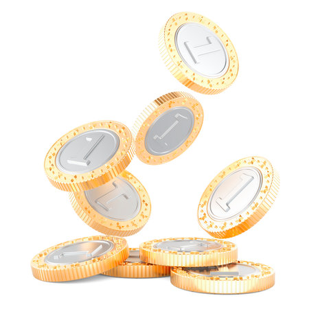 Falling gold coins, 3D rendering isolated on white backgroundの写真素材