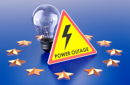 Power Outage in the EU, concept. Lightbulb with power outage yellow triangle sign on the European Union flag. 3D renderingの写真素材
