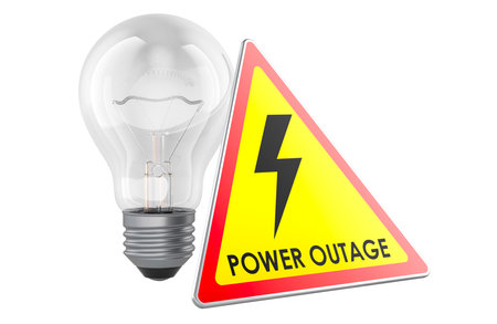 Lightbulb with power outage yellow triangle sign, 3D rendering isolated on white backgroundの写真素材