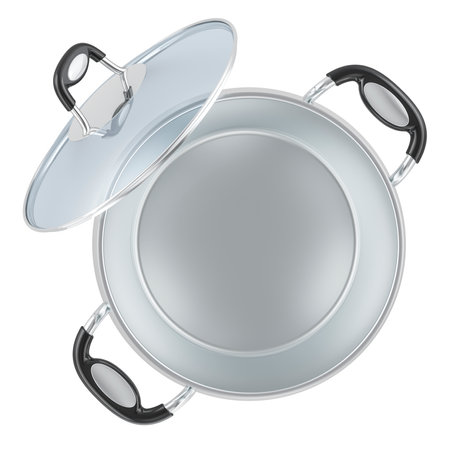 Empty steel stock pot with glass lid, top view. 3D rendering isolated on white backgroundの写真素材