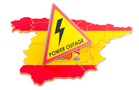 Power Outage in Spain, concept. Power outage yellow triangle sign on Spanish flag. 3D rendering isolated on white backgroundの写真素材