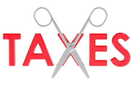 Tax scissors. Cutting or reducing taxes, concept. Scissors cutting taxes. 3D rendering isolated on white backgroundの写真素材
