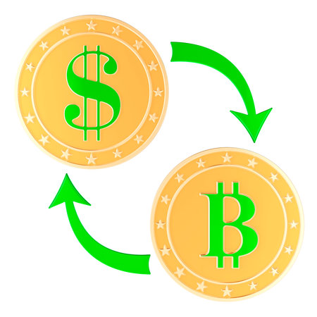 Dollar and Bitcoin exchange, concept. 3D rendering isolated on white backgroundの写真素材