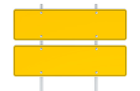 Blank yellow traffic road signs. Double rectangle road signs road signs. Template, mockup, front view. 3D rendering isolated on white backgroundの写真素材