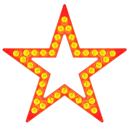 Blank red star, sign board with retro light bulbs, 3D rendering isolated on white backgroundの写真素材