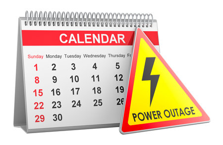 Planned power output, scheduled power cut, concept. Desk calendar with power outage yellow triangle sign, 3D rendering isolated on white backgroundの写真素材