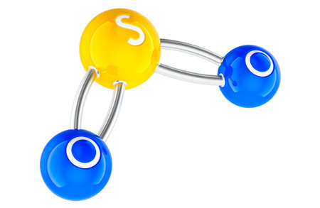 SO2, sulfur dioxide. Molecule model, ball and stick model. 3D rendering isolated on transparent backgroundの写真素材