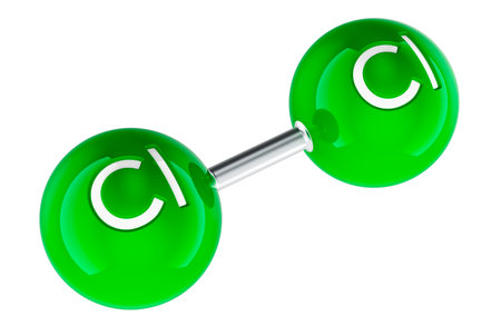 Molecule model of chlorine Cl2, 3D rendering isolated on white backgroundの写真素材