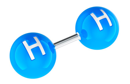 Hydrogen molecule H2 molecule model. 3D rendering isolated on white backgroundの写真素材