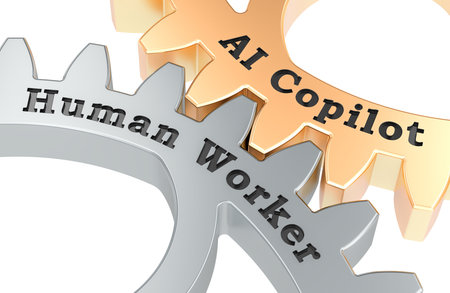 AI copilot and human worker gears. Symbolizing collaboration between artificial intelligence and humans. 3D rendering isolated on white backgroundの写真素材