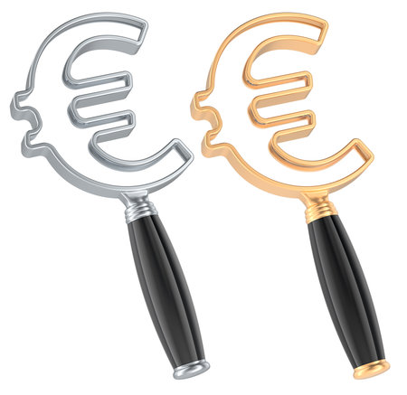Euro symbol magnifying glasses, gold and silver. 3D rendering isolated on white backgroundの写真素材