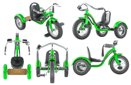 Green kids tricycle from multiple angles. 3D rendering isolated on white backgroundの写真素材