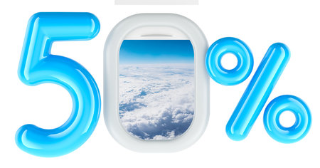 Airfare discount 50 percent concept with airplane window. 3D rendering isolated on white background