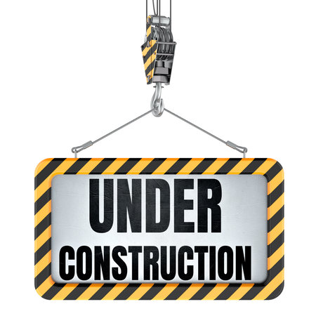 Under Construction sign on crane hook. 3D rendering isolated on white backgroundの写真素材