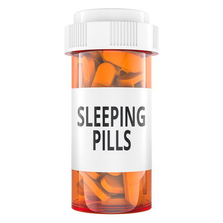 Bottle of sleeping pills, medication for insomnia. 3D rendering isolated on white backgroundの写真素材