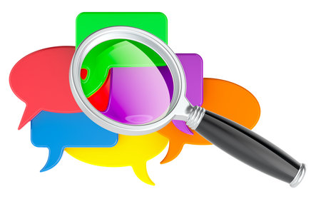 Speech bubbles with magnifying glass. Search and analysis, concept. 3D rendering isolated on white backgroundの写真素材