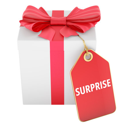 Gift box with surprise tag. 3D rendering isolated on white backgroundの写真素材