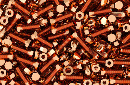 Copper bolts and nuts, washers piles background. 3D rendering