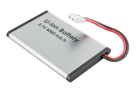 Flat lithium ion battery cell with 3.7V 4000mAh label, with red and black wires and connector. 3D...
