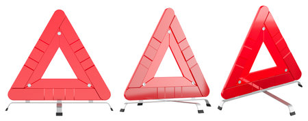 Reflective warning triangles set, shown from different angles. 3D rendering isolated on white...