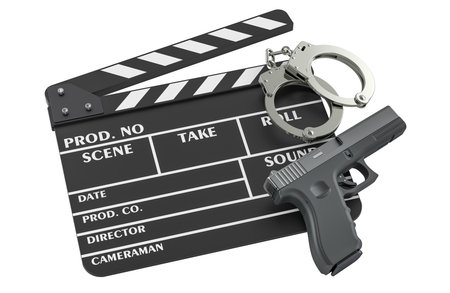 Film clapperboard with handcuffs and pistol. Crime film or detective concept, 3D rendering isolated on white backgroundの写真素材