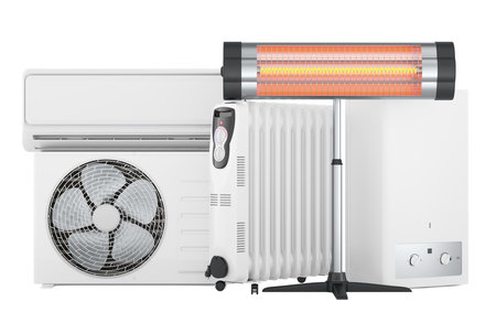 Home heating appliances. Air conditioner, oil radiator, infrared heater and wall gas boiler, 3D rendering isolated on white backgroundの写真素材