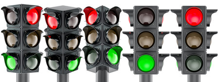 Traffic lights, green and red signals. 3D rendering isolated on white backgroundの写真素材