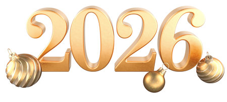 Golden 2026 numbers with Christmas bauble. 3D rendering isolated on white background