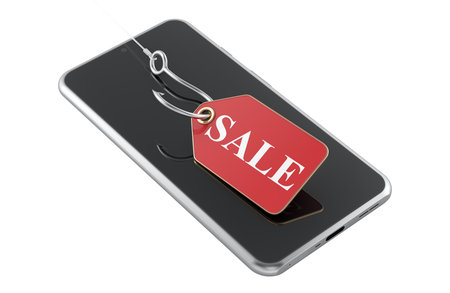 Smartphone with sale tag on fishing hook. 3D rendering isolated on white backgroundの写真素材
