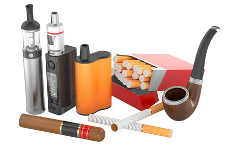 Tobacco and vaping products including cigarettes pack, cigar, tobacco pipe and vaping devices, 3D...