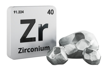 Zirconium Zr chemical element tile with zirconium pieces. 3d rendering isolated on white background
