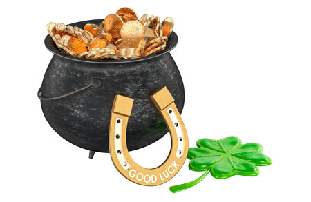 Saint Patricks Day, concept with pot of gold with horseshoe and four leaf clover. 3D rendering...
