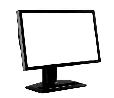 Black computer monitor stands at an angle isolated on whiteの写真素材