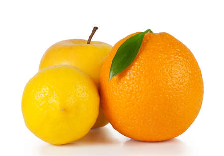 Orange, apple and lemon isolated on white backgroundの写真素材