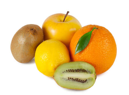 Orange, apple, lemon and kiwi isolated on white backgroundの写真素材
