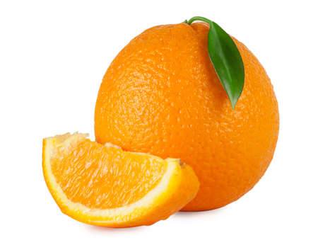 Sweet juicy orange with leaf isolated on white backgroundの写真素材