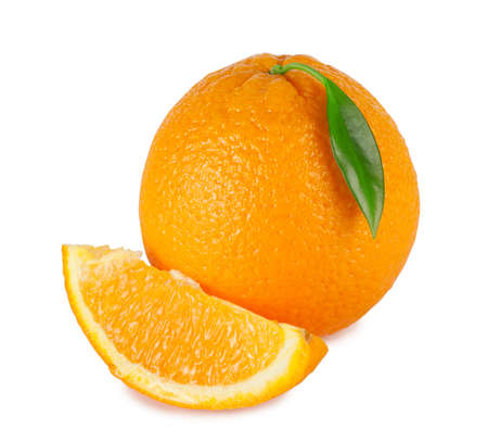 Sweet orange with a bright green leaf isolated on white backgroundの写真素材