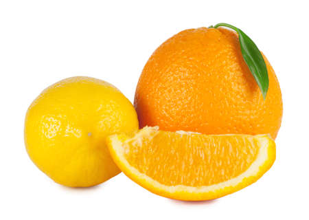 Ripe orange and lemon isolated on white backgroundの写真素材