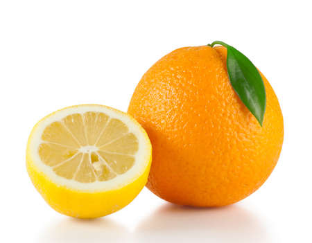 Bright orange with half a lemon isolated on white backgroundの写真素材