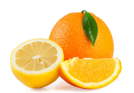 Orange with leaf and lemon isolated on white backgroundの写真素材