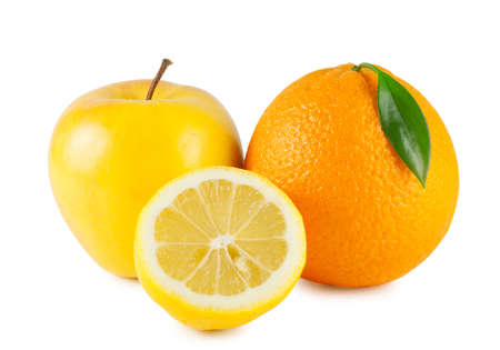 Orange, apple and half a lemon isolated on white backgroundの写真素材