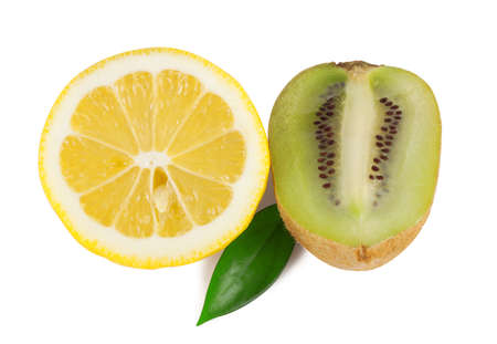 Half a lemon with kiwi isolated on white backgroundの写真素材