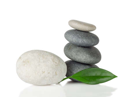 Sea stones with leaf isolated on white backgroundの写真素材